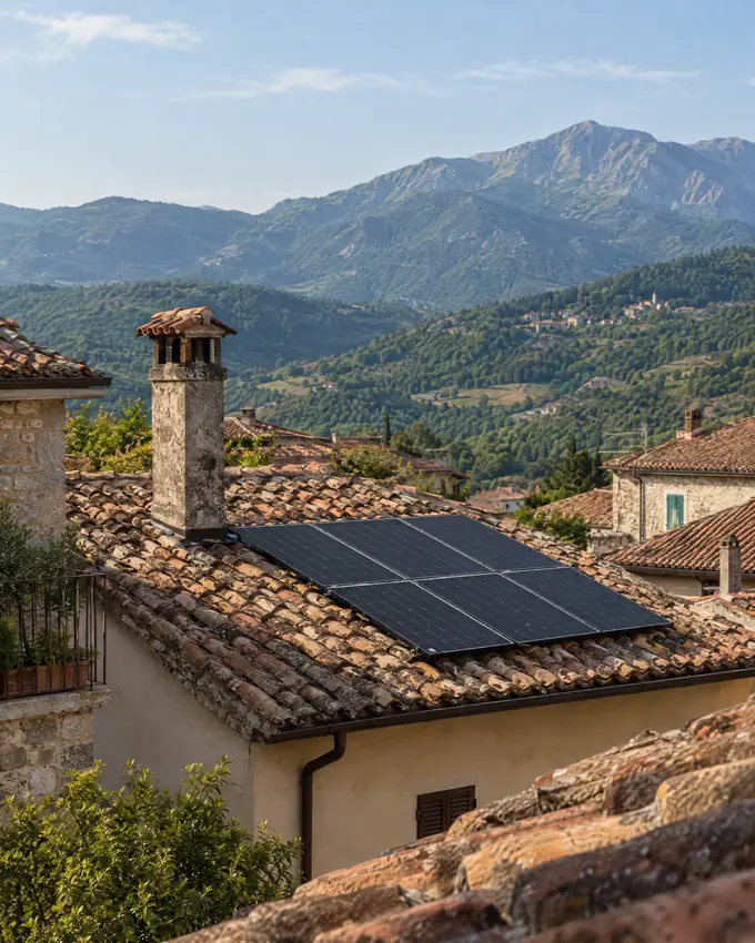 Tetto in coppi con pannelli fotovoltaici in un borgo, montagne sullo sfondo